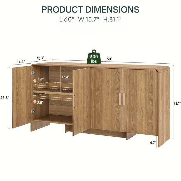 60" Modern Wooden Storage Cabinet with Adjustable Shelves | Sideboard Buffet