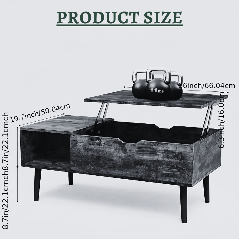 Lift-Top Coffee Table with Hidden Storage and Side Shelves – Black and Rustic Brown