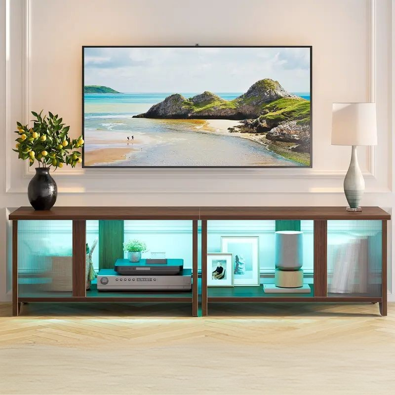 Modern LED TV Stand with Adjustable Storage, Black & Brown