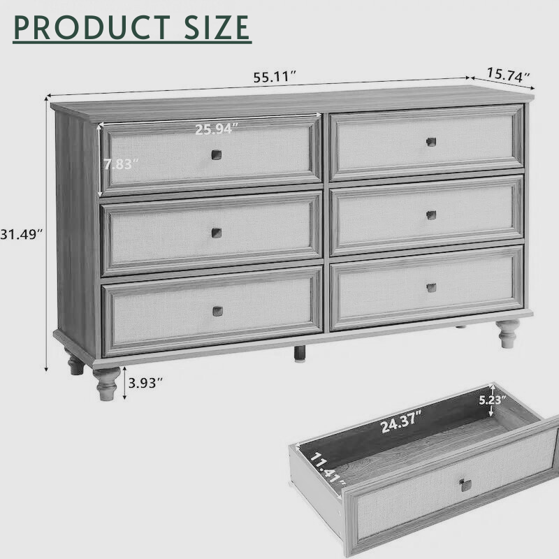 6-Drawer Rattan Dresser – Modern Wood Chest of Drawers with Woven Fronts for Bedroom, Living Room, or Entryway (Natural Finish)