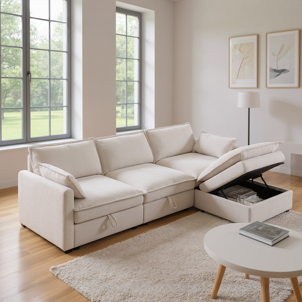 Convertible Sectional Sofa with Chaise Lounge & Hidden Storage – Modern Upholstered Couch for Living Room, Beige/Gray