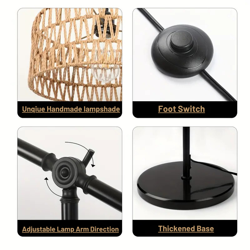 Modern Adjustable Floor Lamp with Handmade Rattan Shade, E26 Base