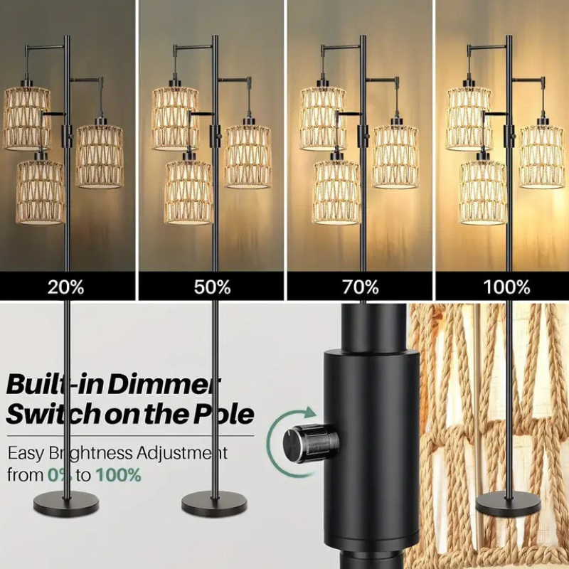 Dimmable Rattan Floor Lamp with 3 Adjustable Shades, E26 Base