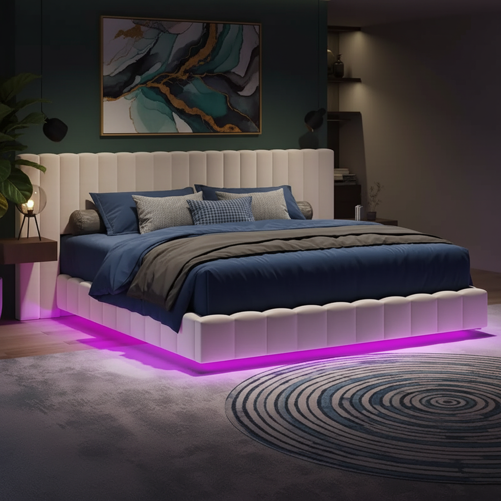 Modern Floating Upholstered Bed Frame with LED Lights