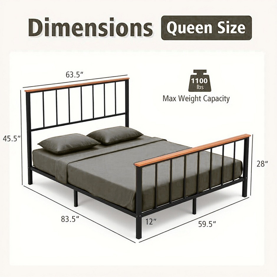 Queen Size Metal Platform Bed Frame with Wood Accents – Heavy Duty