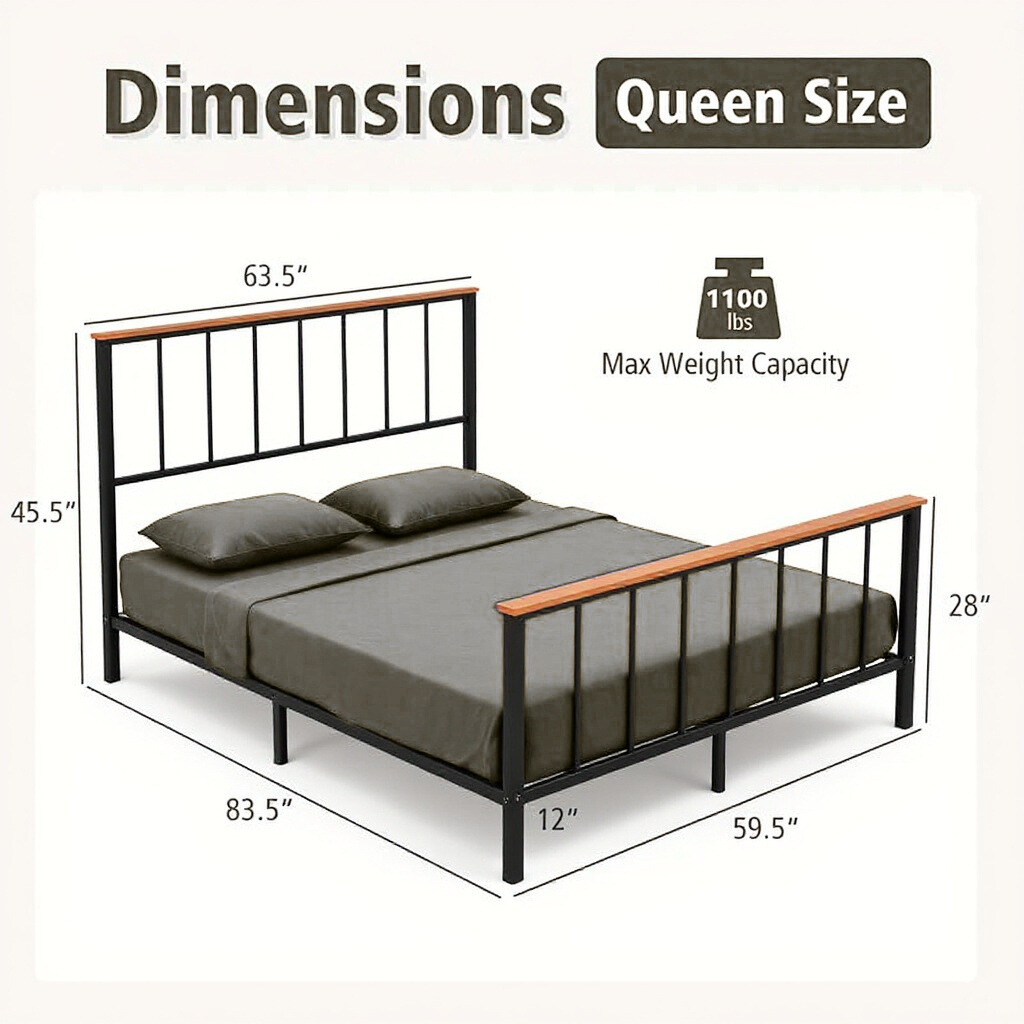 Queen Size Metal Platform Bed Frame with Wood Accents – Heavy Duty