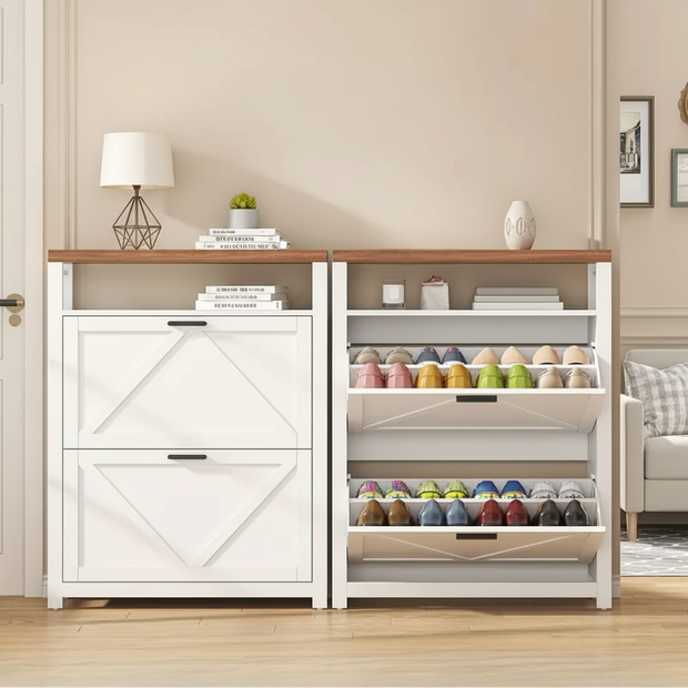 Modern Farmhouse Shoe Cabinet with Flip Drawers and Storage Shelf – White & Oak Finish