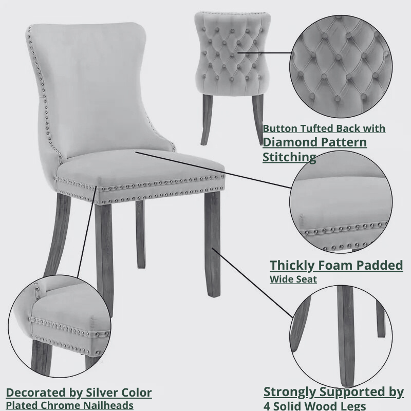 Velvet Dining Chairs with Button-Tufted Back, Solid Wood Legs – Set of 2