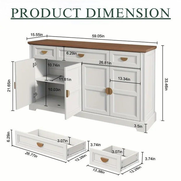 Modern Sideboard Buffet Cabinet with 3 Drawers and 4 Doors, White/Green Finish, Wooden Top Storage Cabinet for Dining Room, Kitchen, or Living Room