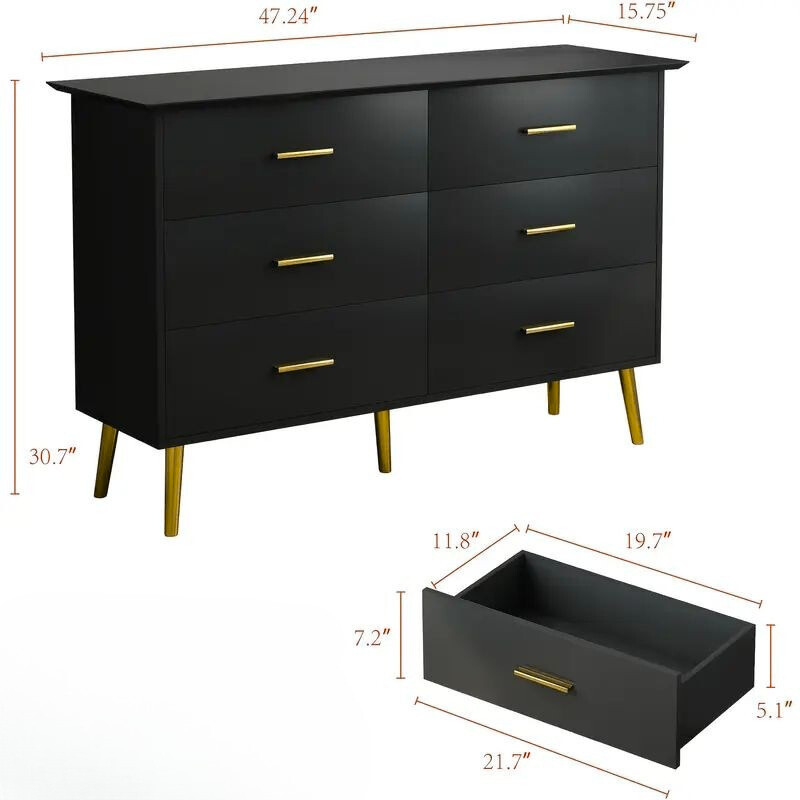 Modern 6-Drawer Dresser with LED Lights, Gold Handles & Tall Legs – Bedroom Storage Cabinet