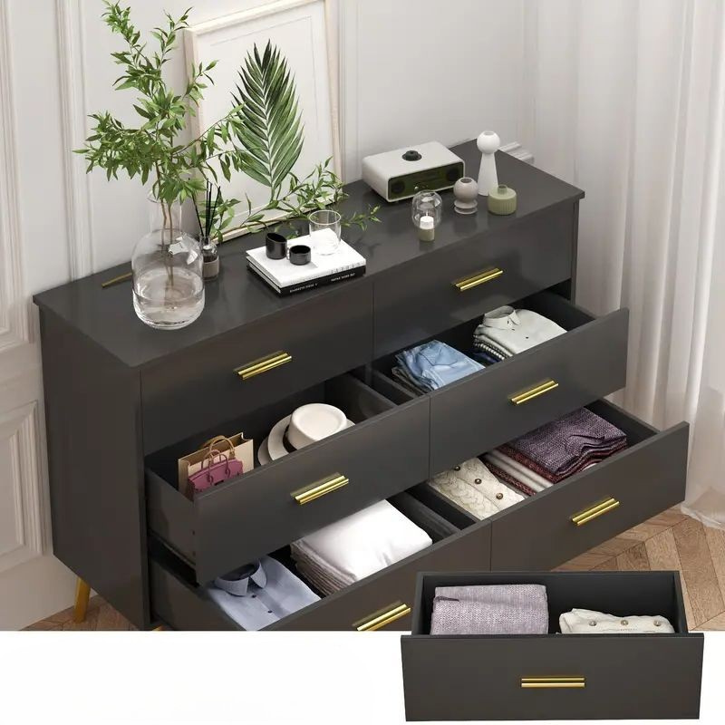 Modern 6-Drawer Dresser with LED Lights, Gold Handles & Tall Legs – Bedroom Storage Cabinet
