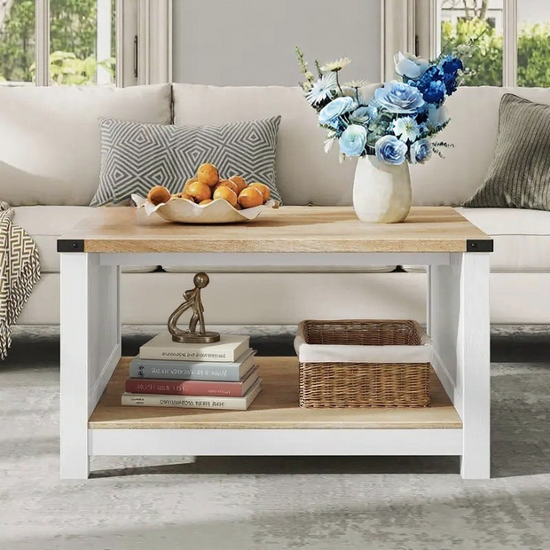 Modern Square Coffee Table with Storage Shelf, 31.5” x 31.5”, White & Oak Finish