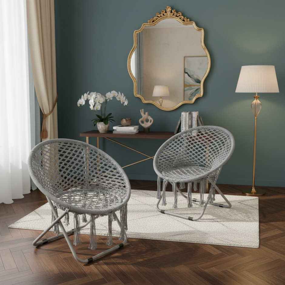 Set of 2 Folding Saucer Chairs – Gray Macrame Rope Design