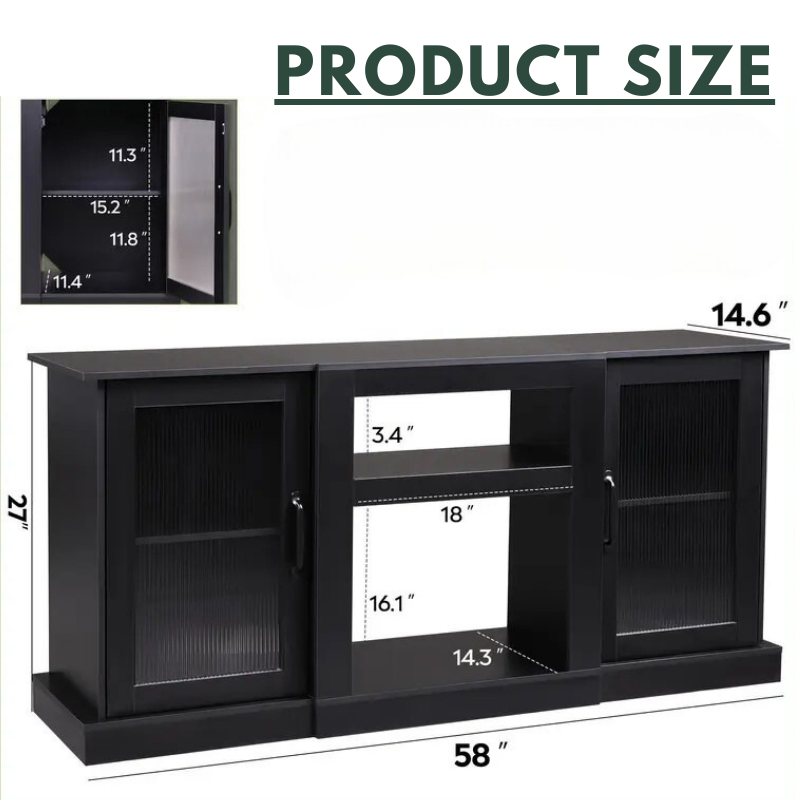 Modern TV Stand with Glass Doors, Fits up to 65” TVs – Storage Cabinet with Shelves