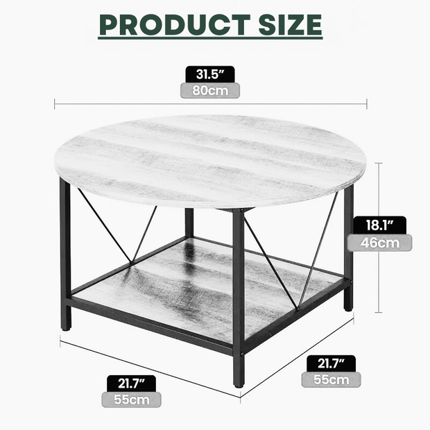 Round Industrial Coffee Table with Storage Shelf – Rustic Brown
