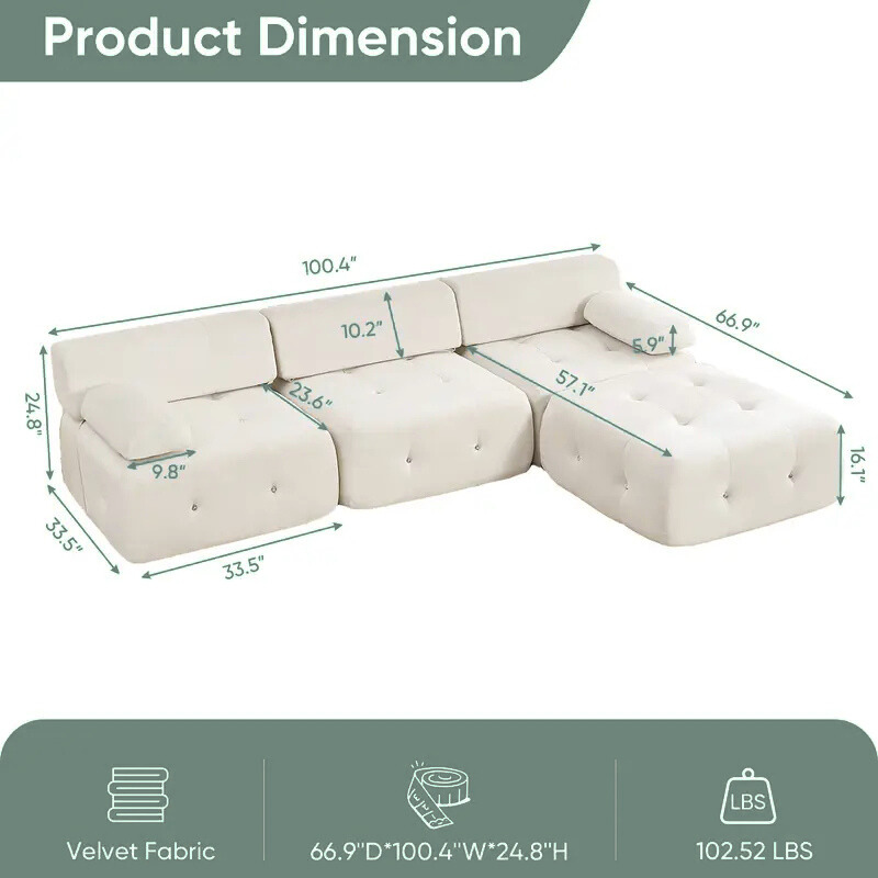 Modern Modular Velvet Sectional Sofa – U-Shaped, No Assembly Required