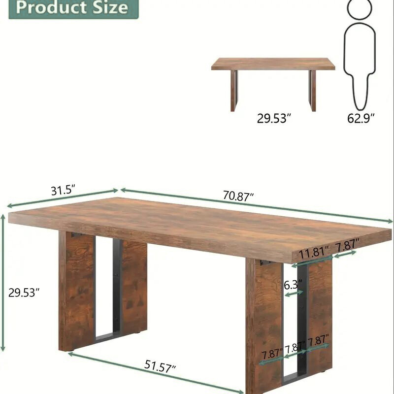 Rustic Modern Wooden Dining Table – 71” Rectangular Farmhouse Table with Solid Base