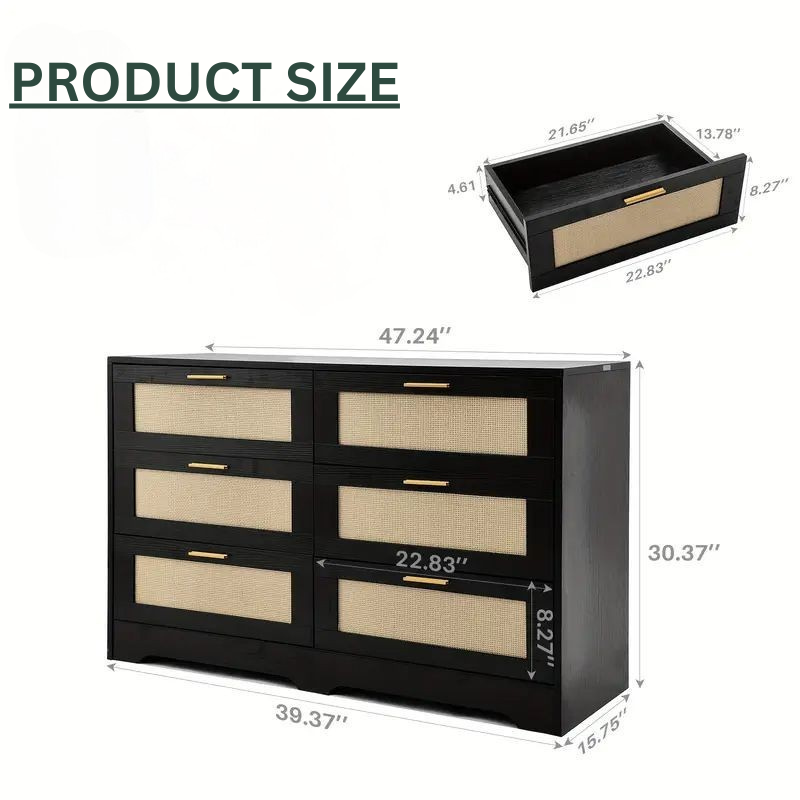 6-Drawer Rattan Dresser – Modern Double Dresser with Gold Handles, Wood Storage Chest for Bedroom, Living Room, Hallway, Entryway