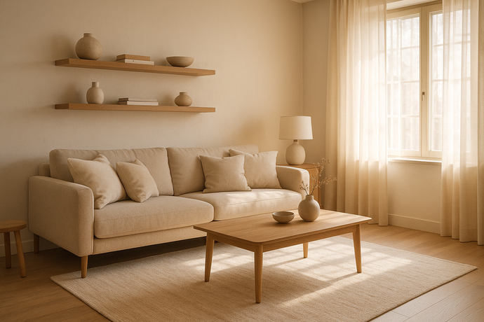 A modern cozy living room interior, large beige sofa with soft pillows, wooden coffee table, warm neutral colors, natural sunlight through sheer curtains, elegant rug, minimalist decor, stylish shelves, Scandinavian design, realistic photography, high resolution