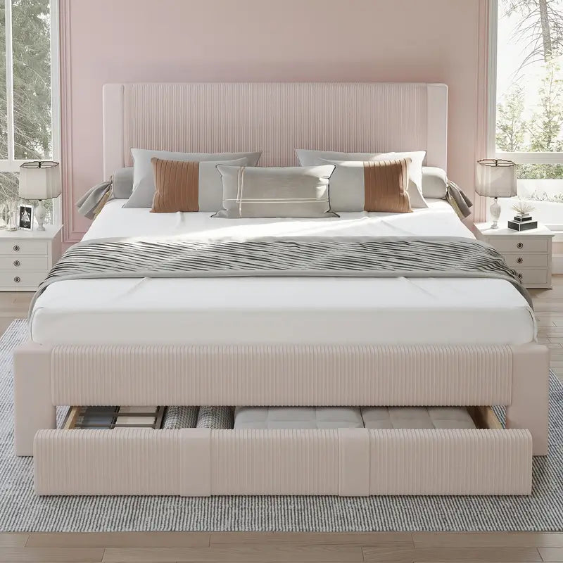 Upholstered Storage Bed Frame with Headboard – Full, Queen & King