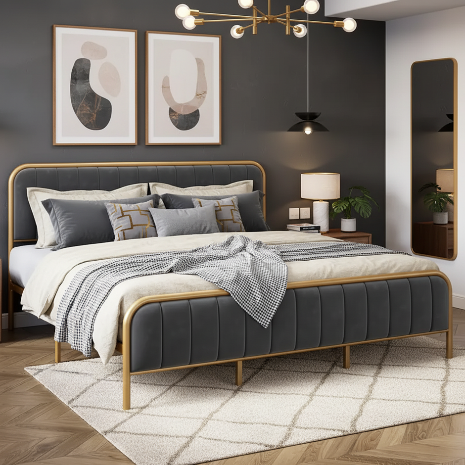 Modern Gray Upholstered Bed Frame with Gold Metal – King Size