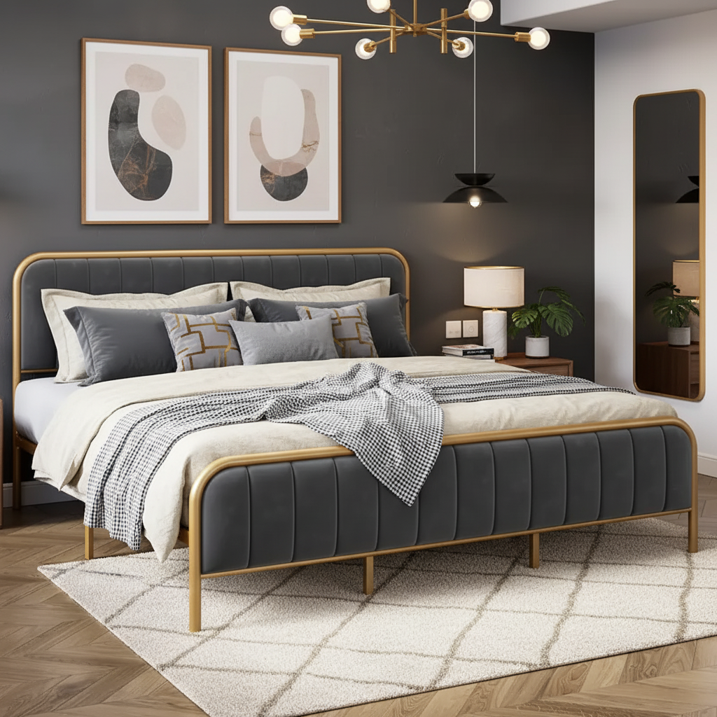 Modern Gray Upholstered Bed Frame with Gold Metal – King Size