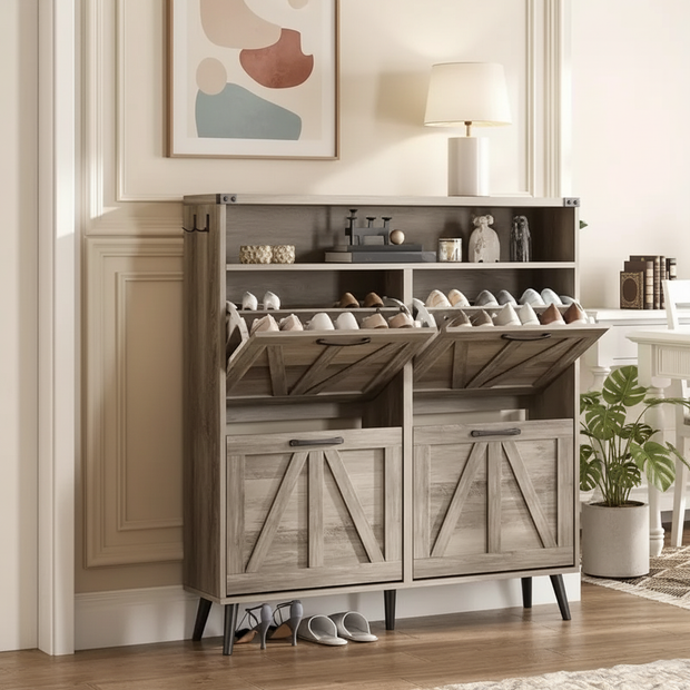 Modern 4-Compartment Tilt-Out Shoe Cabinet with Open Shelf – Multiple Finishes