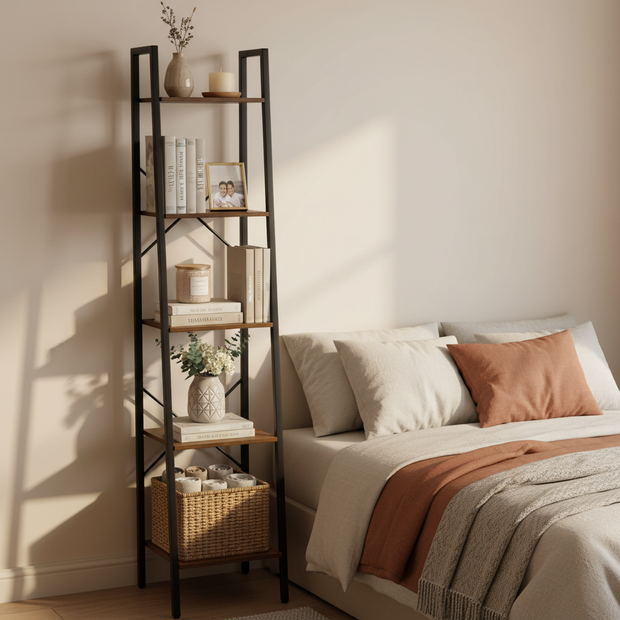 Industrial Ladder Bookshelf – 5-Tier Metal Frame Storage Shelf, Vintage Brown Wood Finish, Narrow Display Rack for Living Room, Bedroom, or Office
