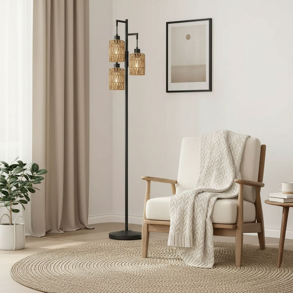 Dimmable Rattan Floor Lamp with 3 Adjustable Shades, E26 Base