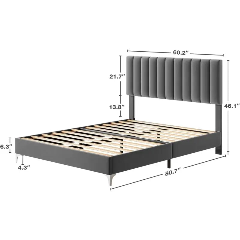 Modern Grey Velvet Upholstered Bed Frame with Adjustable Headboard – Full Size