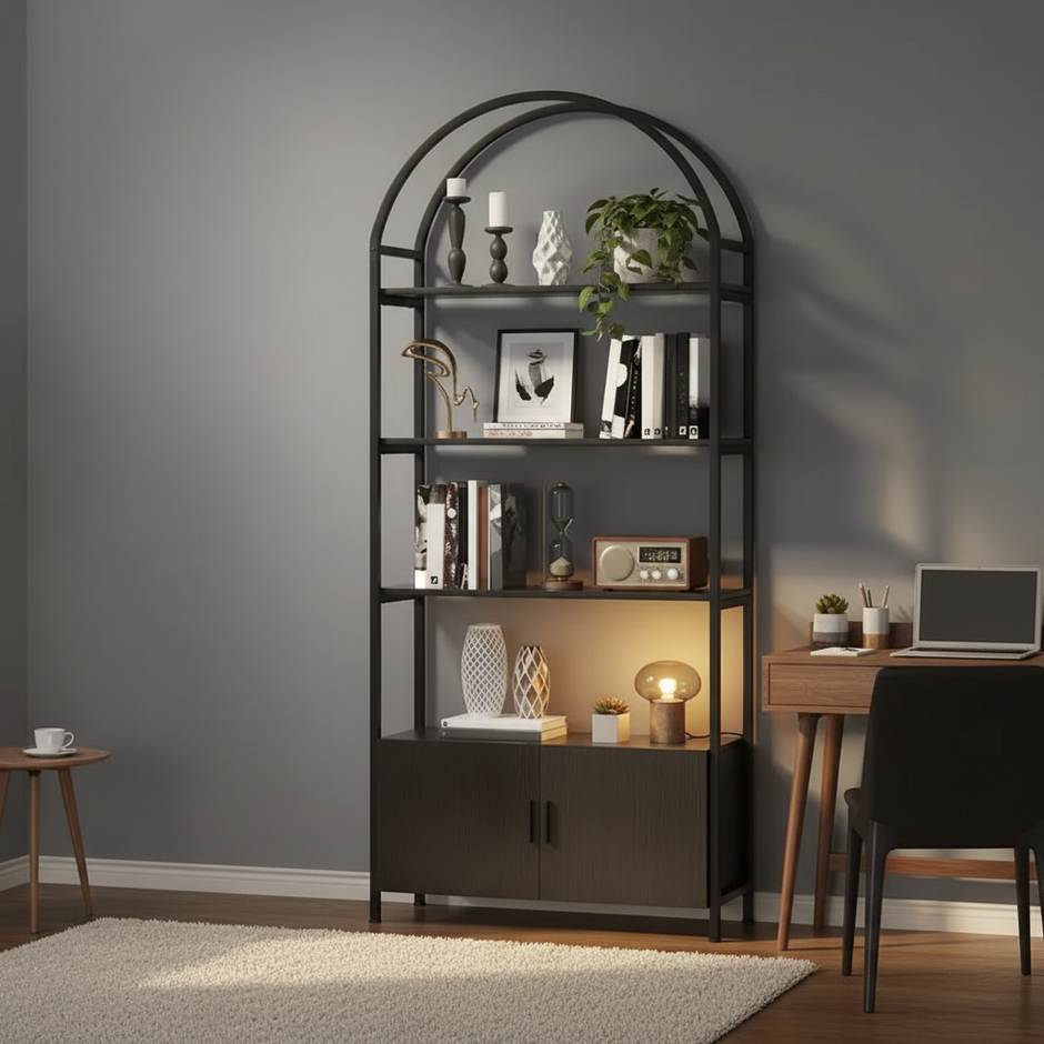 Modern Arched Bookshelf with Cabinet – 71” Tall Storage Unit