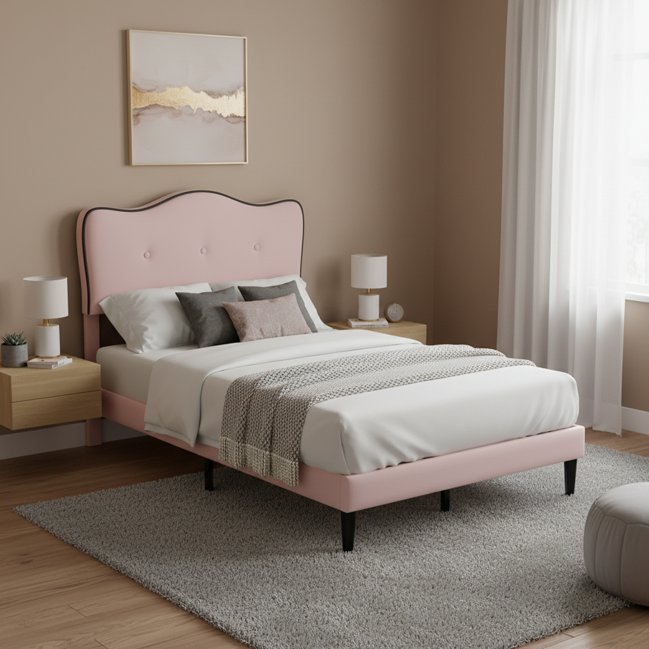 Curved Upholstered Bed Frame with Button-Tufted Headboard – Pink or White