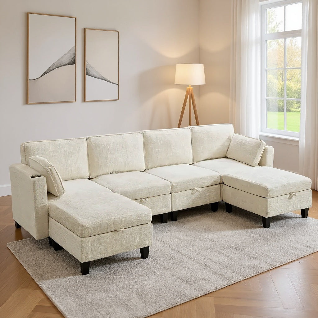 Convertible Modular Sectional Sofa with Storage & Adjustable Backrests – Cream/Blue
