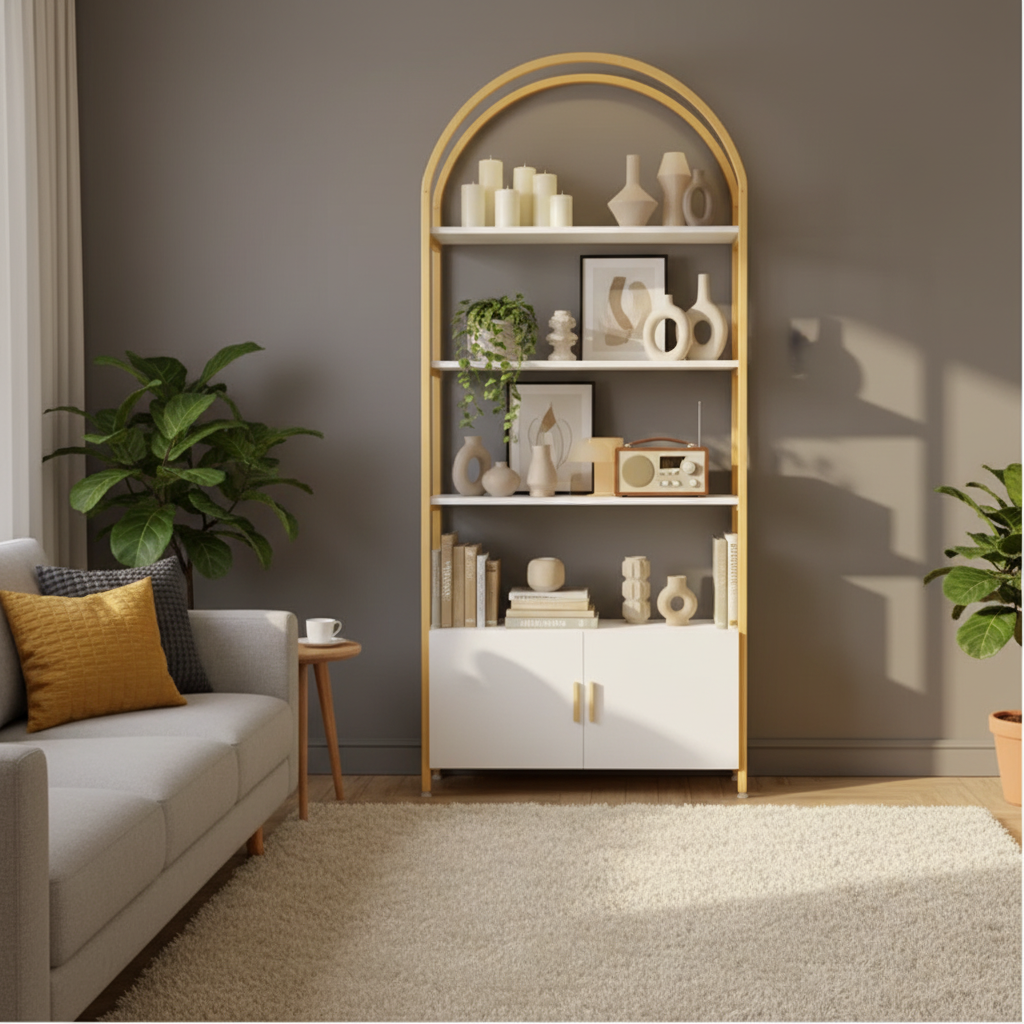 Modern Arched Bookshelf with Cabinet – 71” Tall Storage Unit