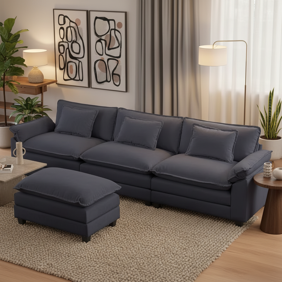 Modern Sectional Sofa with Movable Ottoman – Dark Gray Upholstered L-Shaped Couch with Storage and High Elastic Support