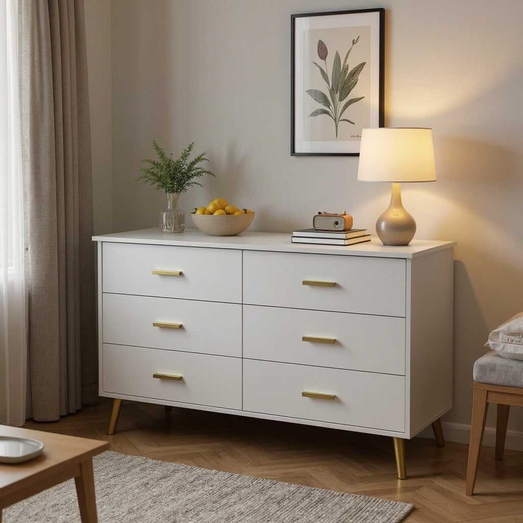 Modern 6-Drawer Dresser with LED Lights, Gold Handles & Tall Legs – Bedroom Storage Cabinet