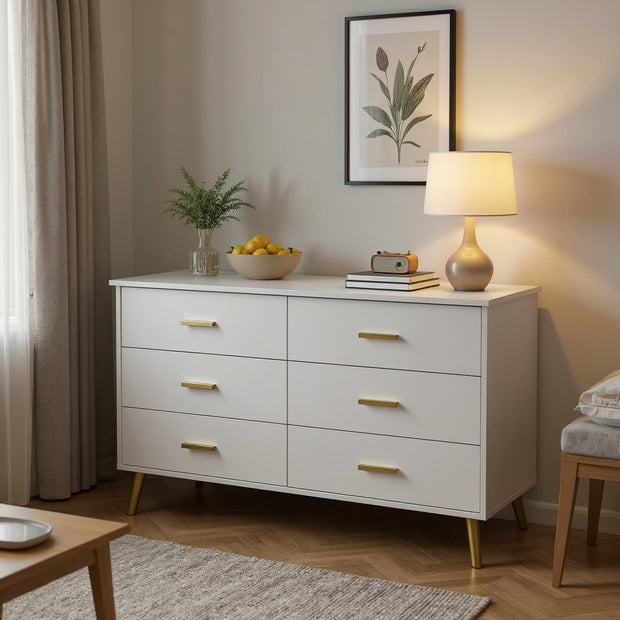 Modern 6-Drawer Dresser with LED Lights, Gold Handles & Tall Legs – Bedroom Storage Cabinet