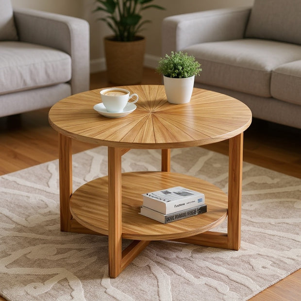 Round Wooden Coffee Table with Storage Shelf – 27.6"