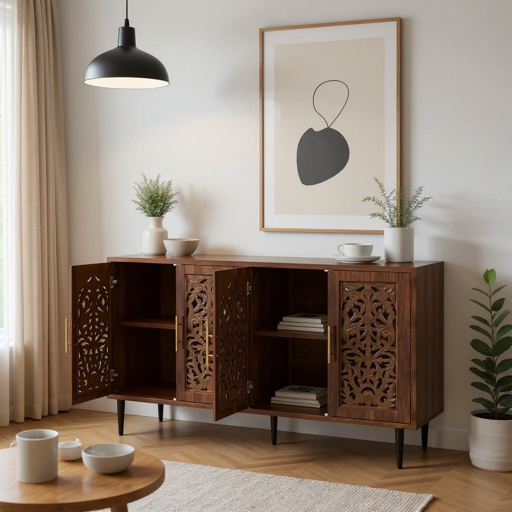Carved Wood Sideboard with 4 Doors and Adjustable Shelves