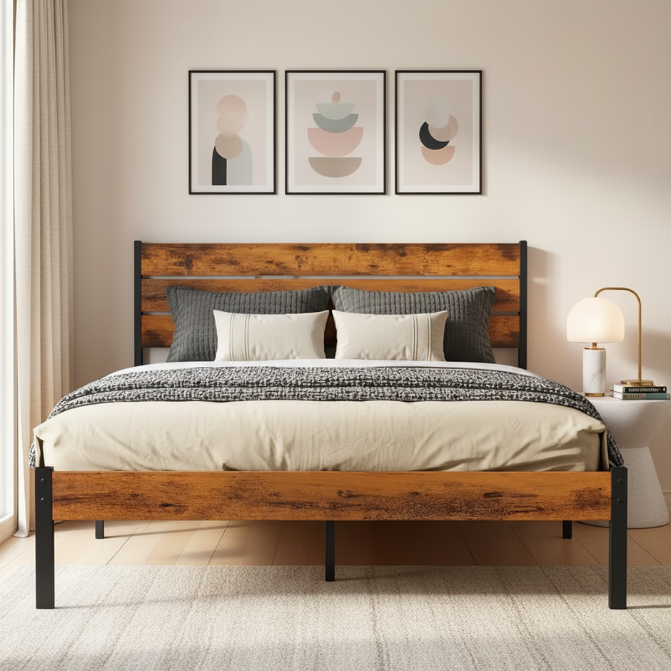 Rustic Wooden Bed Frame with Headboard – Queen Size