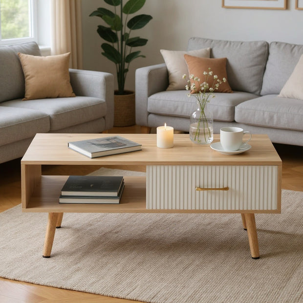 Modern Coffee Table with Drawer and Open Shelf, Wood Finish, 41"x21"x16"