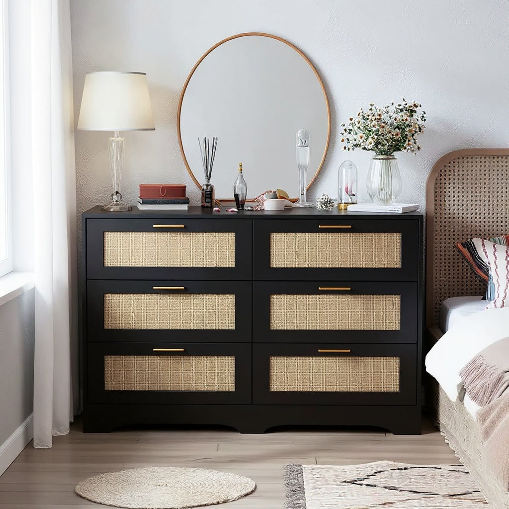 6-Drawer Rattan Dresser – Modern Double Dresser with Gold Handles, Wood Storage Chest for Bedroom, Living Room, Hallway, Entryway