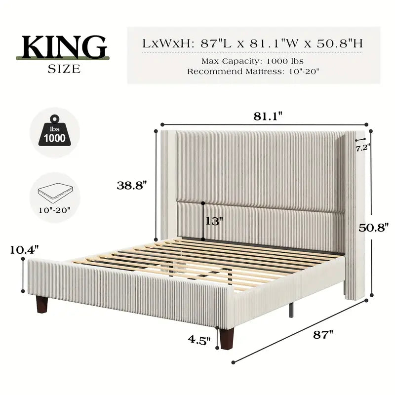 King Size Wingback Corduroy Upholstered Bed Frame