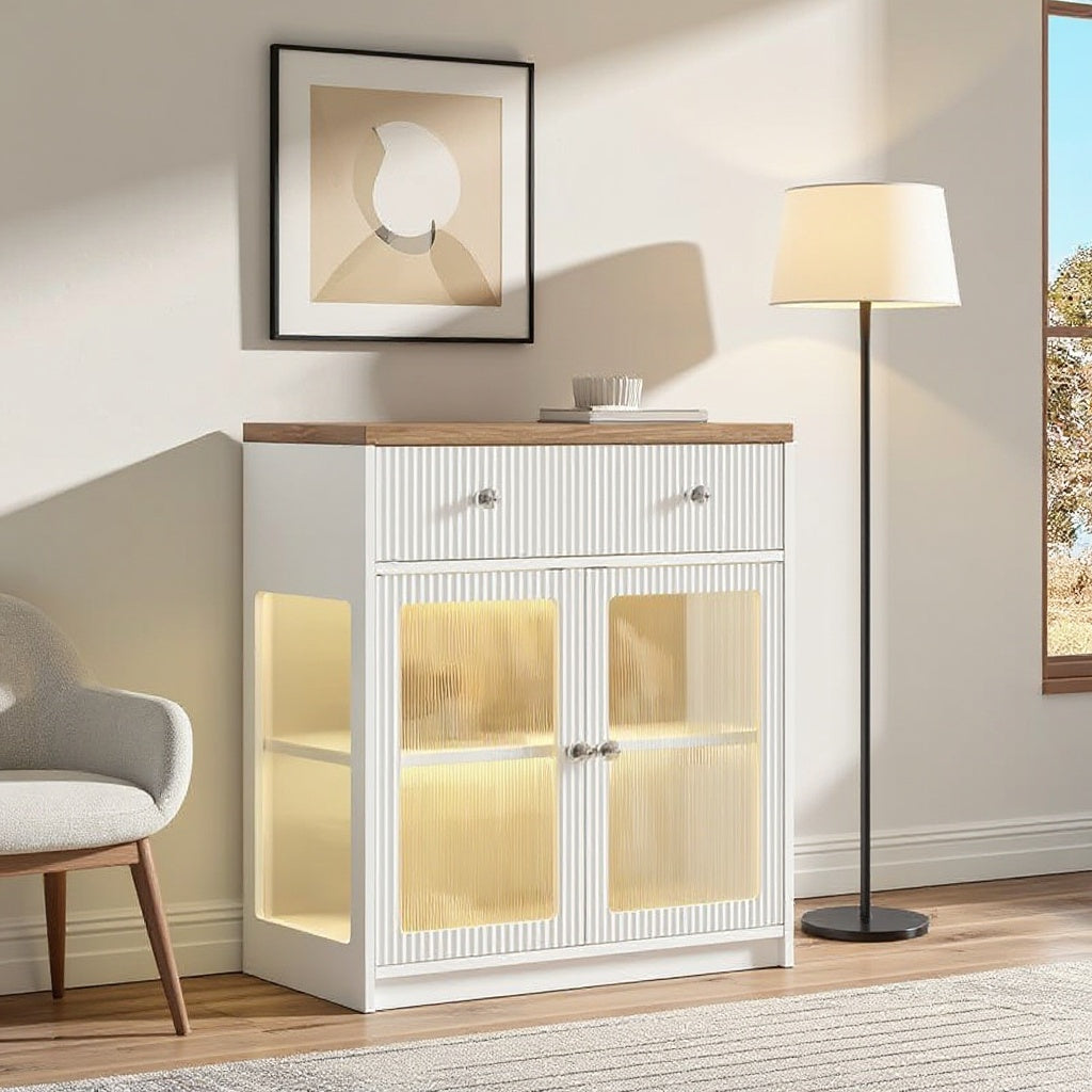 Modern White Sideboard Cabinet with Drawer & RGB LED Lights