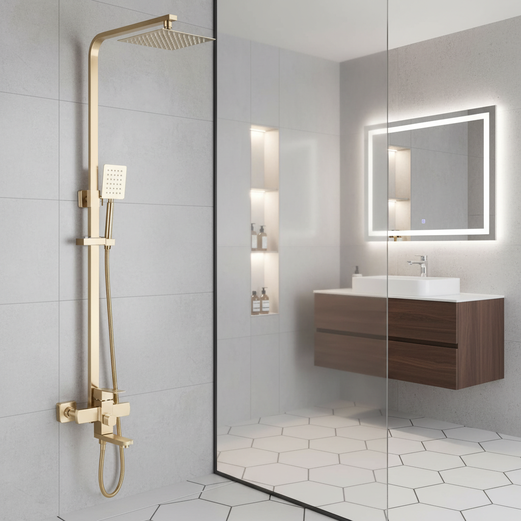 Brushed Gold Shower System – Wall-Mounted Rainfall Shower with Handheld Sprayer and Mixer Valve