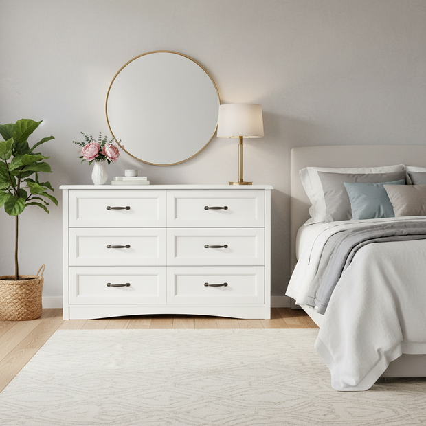 Modern 6-Drawer Dresser – White Wooden Storage Chest with Metal Handles
