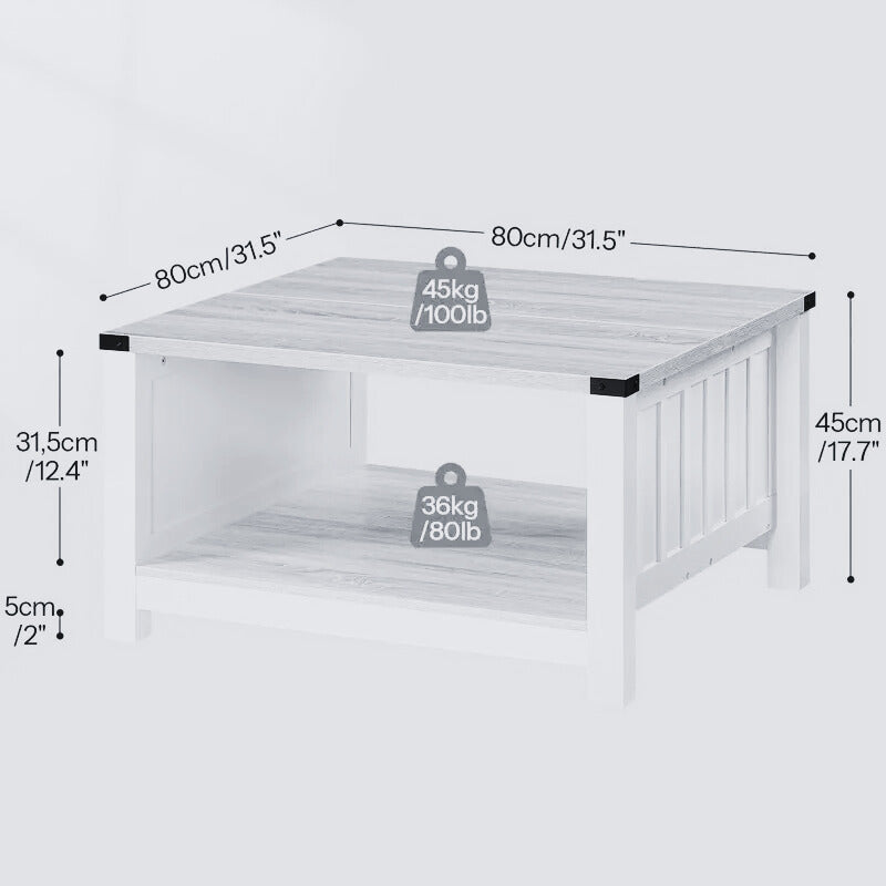 Modern Square Coffee Table with Storage Shelf, 31.5” x 31.5”, White & Oak Finish