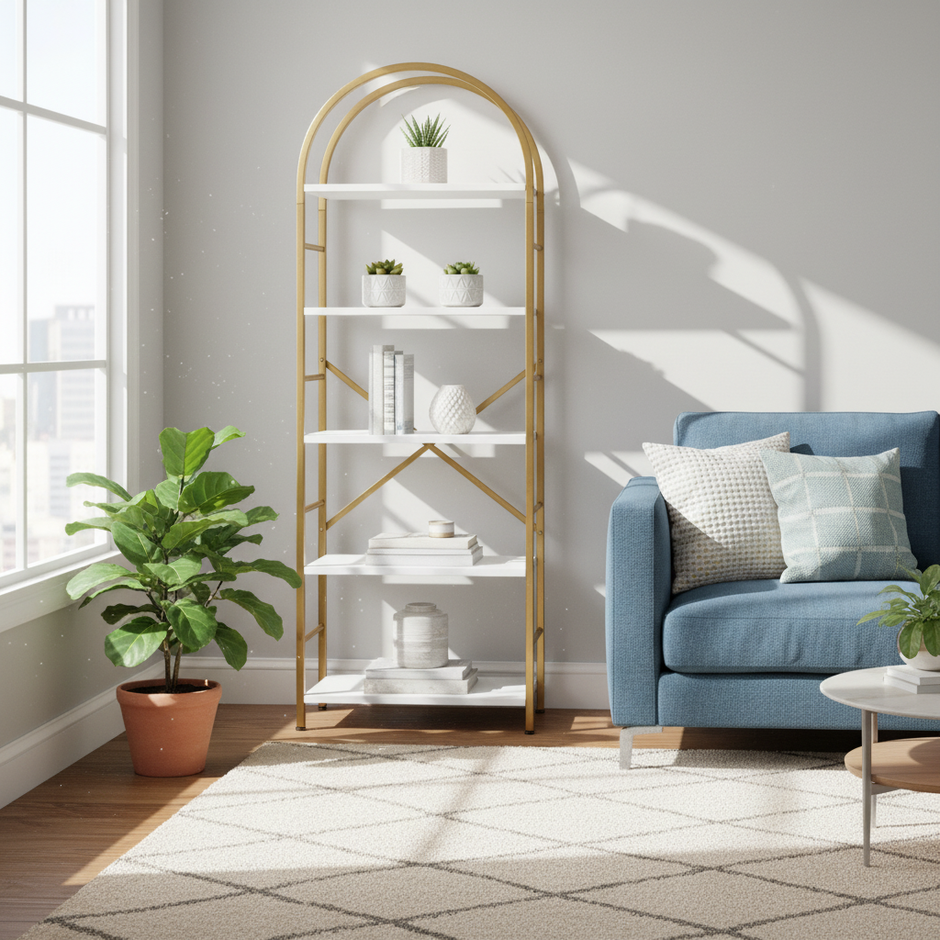 Modern Gold & White Arched Bookshelf – 5-Tier Metal Frame Storage Rack with Open Shelves