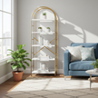 Modern Gold & White Arched Bookshelf – 5-Tier Metal Frame Storage Rack with Open Shelves