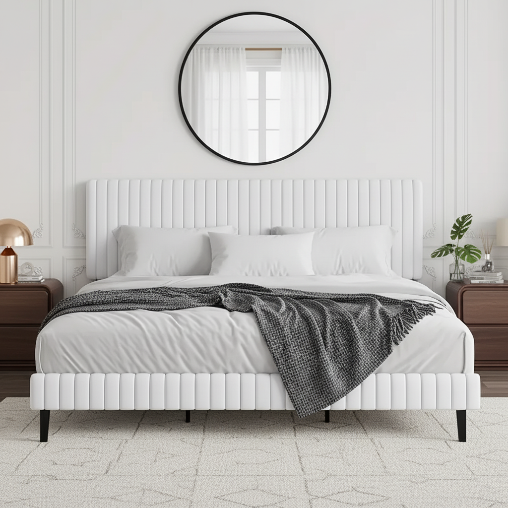 Modern Velvet Upholstered Bed with Adjustable Headboard – King Size